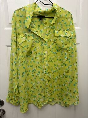 Lane Bryant Lime Yellow Printed Button-Front Top